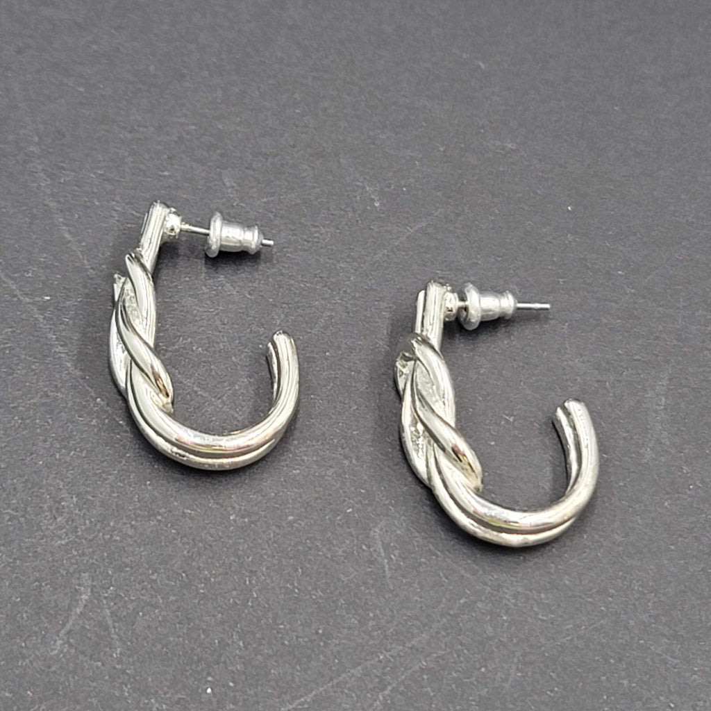 Square Knot Half Hoop Drop Pierced Earrings Silver tone 1"