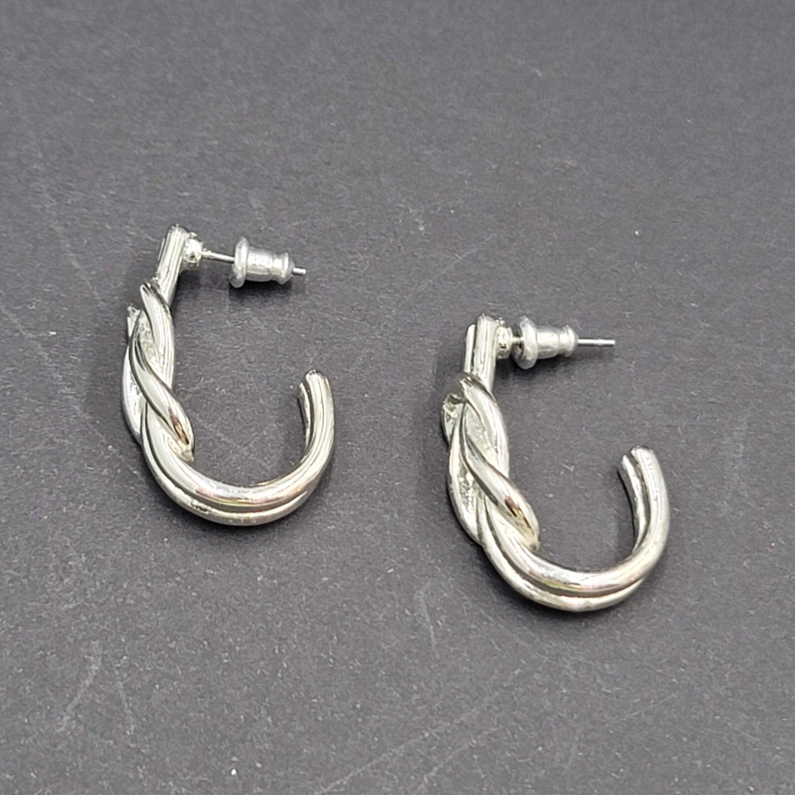 Square Knot Half Hoop Drop Pierced Earrings Silver tone 1"