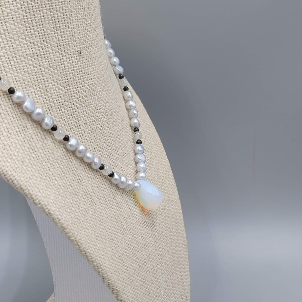 Pearl Bead Necklace Faceted Opalite Pendant Toggle Clasp 16"