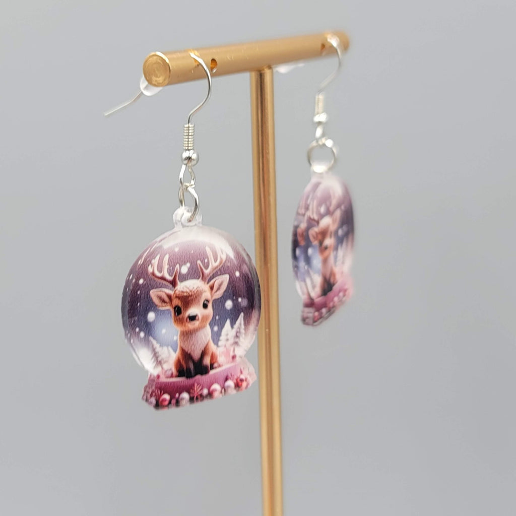 Christmas Snow Globe Reindeer Pierced Earrings Silver tone Dangle 1.25 in