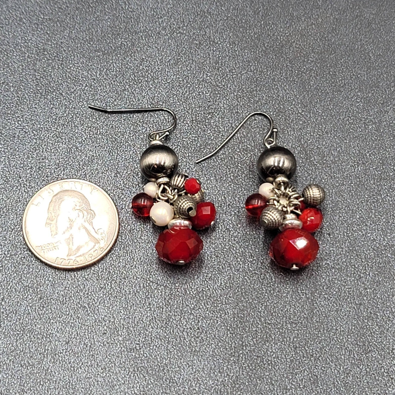 Pierced Earrings Silver tone Red Gray White Black Bead Dangle 1.5"