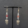 Owl Pierced Earrings Silver tone Red Bead Dangle 2"