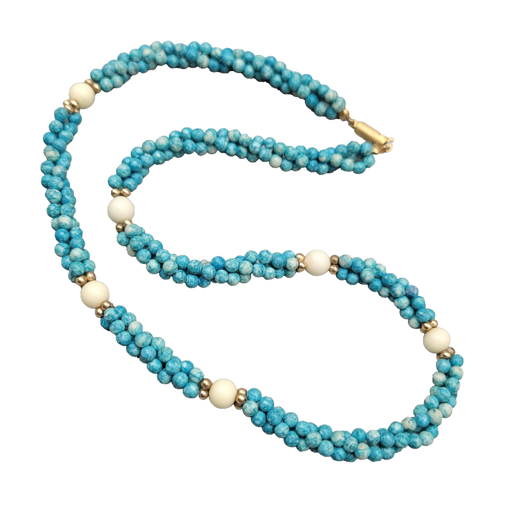 Vintage Blue Stone Twist Bead Necklace Gold tone 20"
