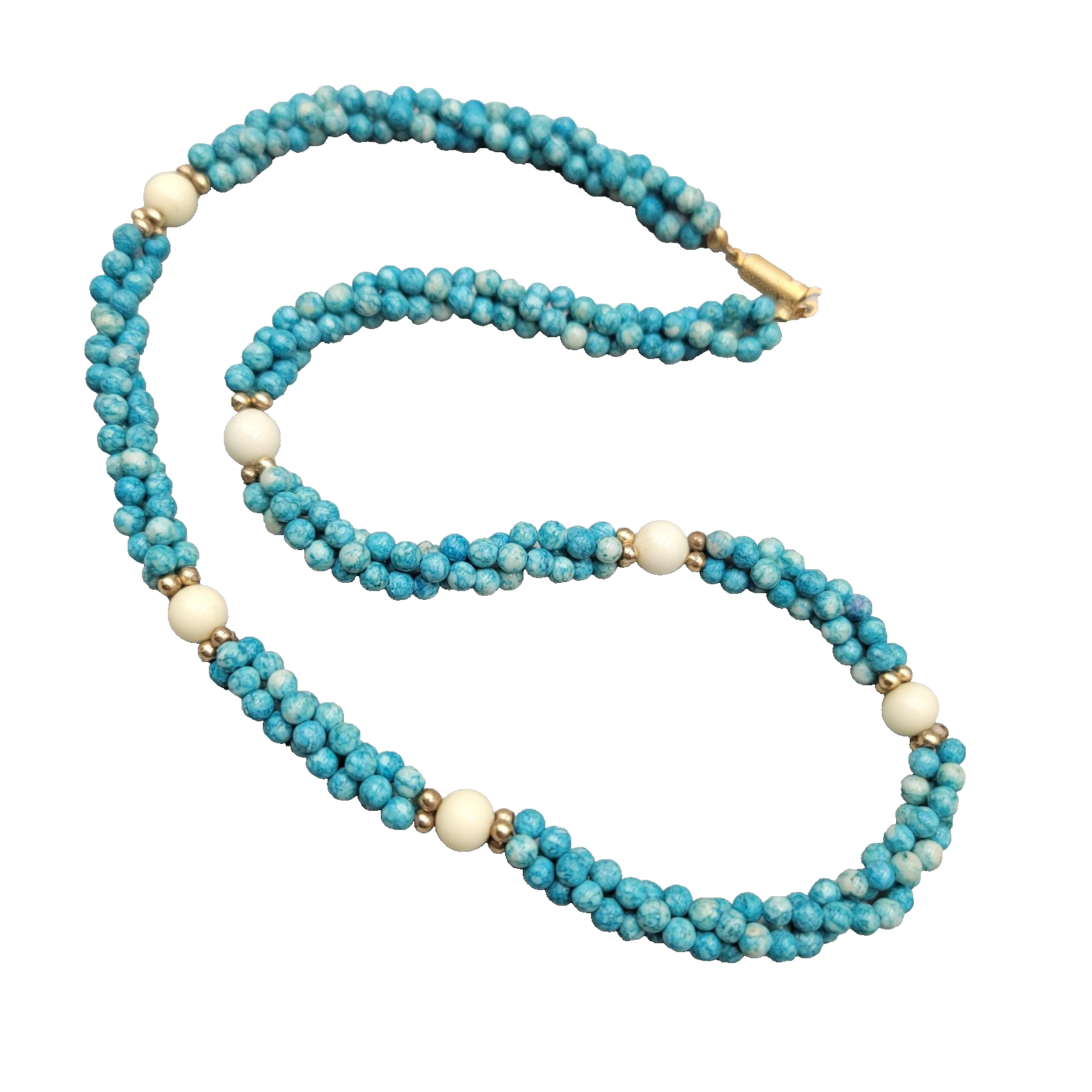Vintage Blue Stone Twist Bead Necklace Gold tone 20"