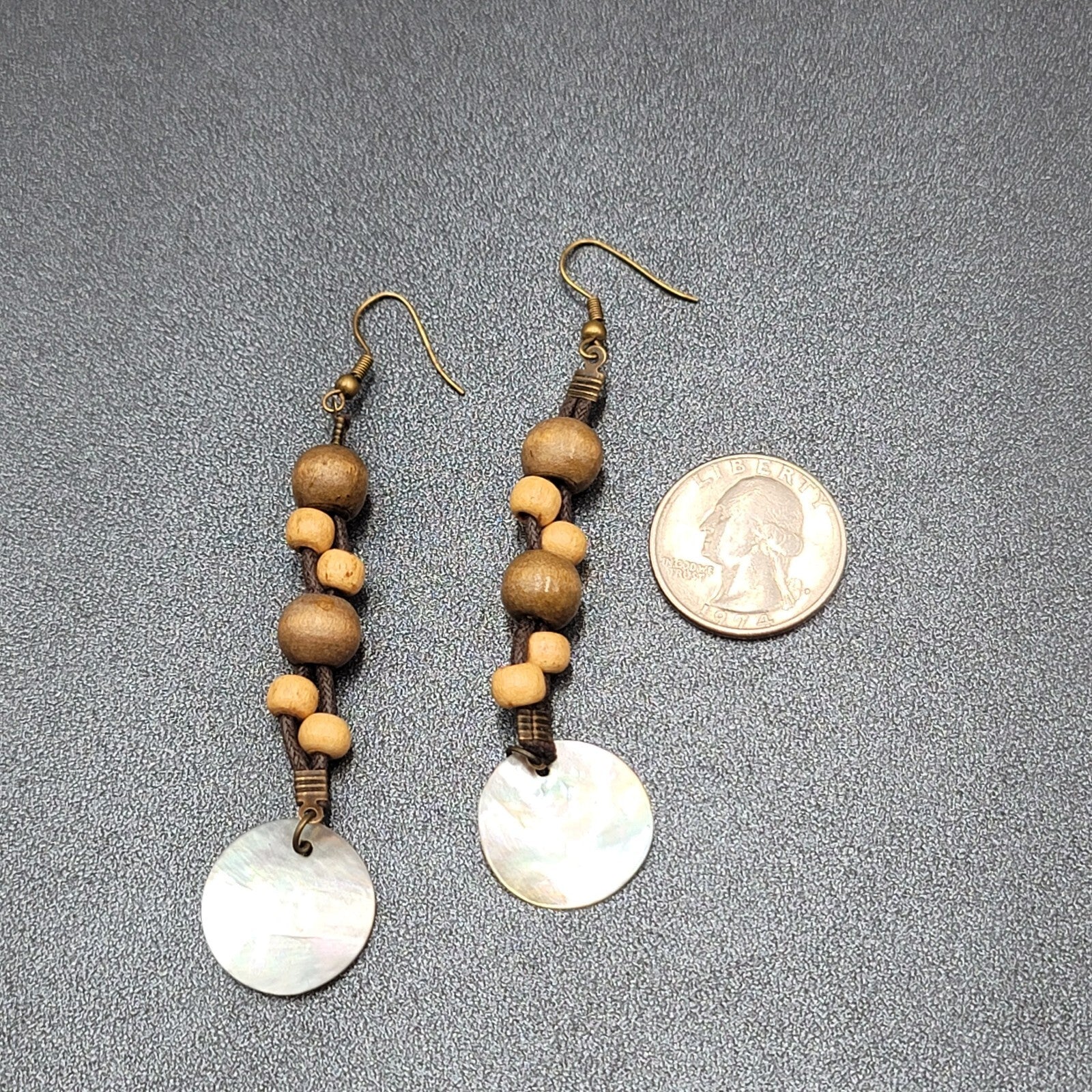 Boho Pierced Earrings Brown Cord Wooden Bead Shell Dangle 3"