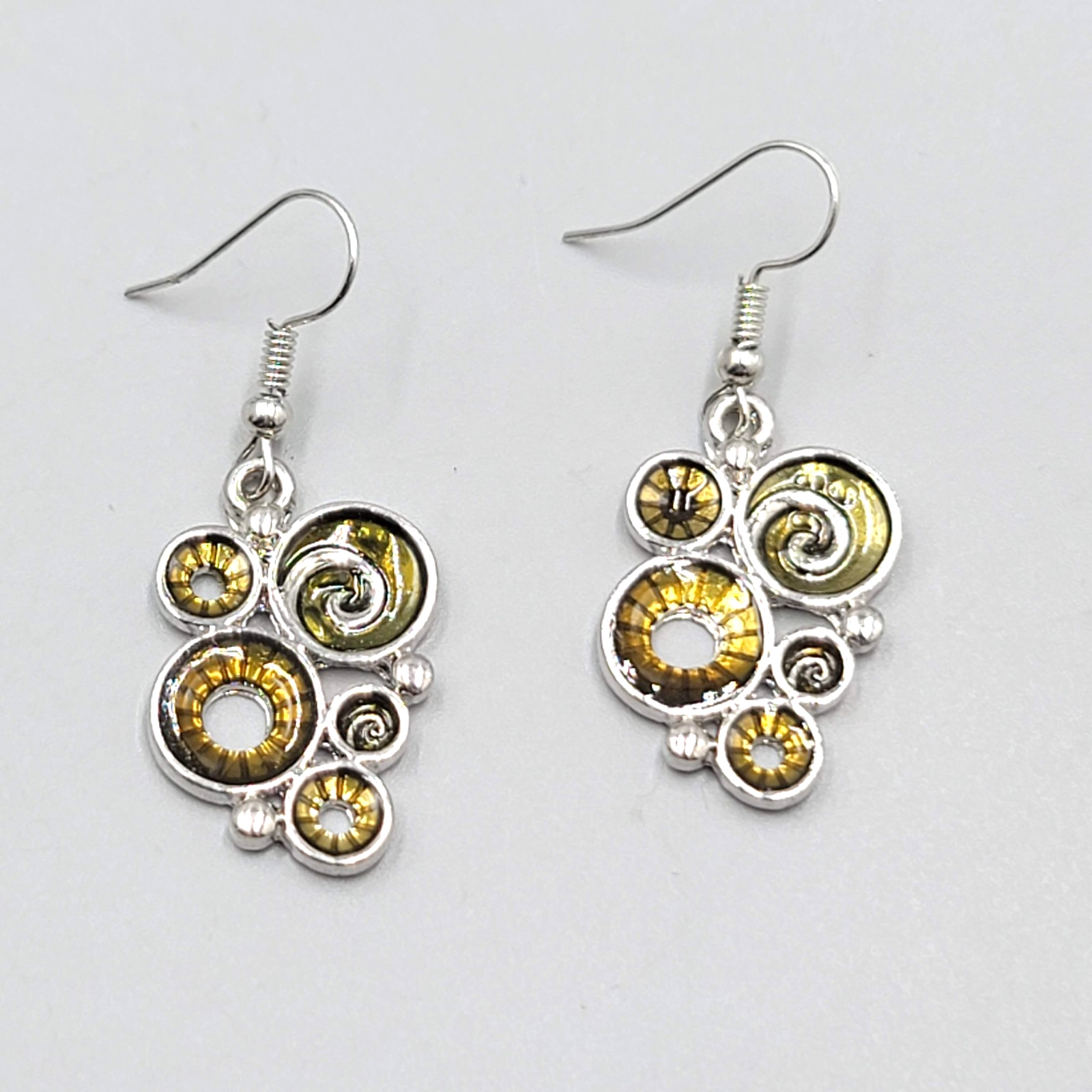 Green Swirl Enamel Pierced Earrings Silver tone Dangle   1"