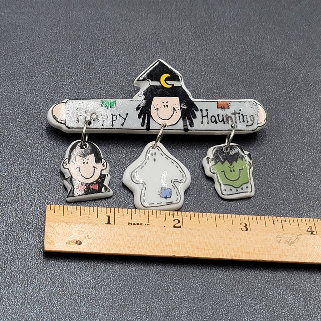 Vintage Halloween Brooch Ceramic Dangle Charms Happy Haunting 3 3/8"