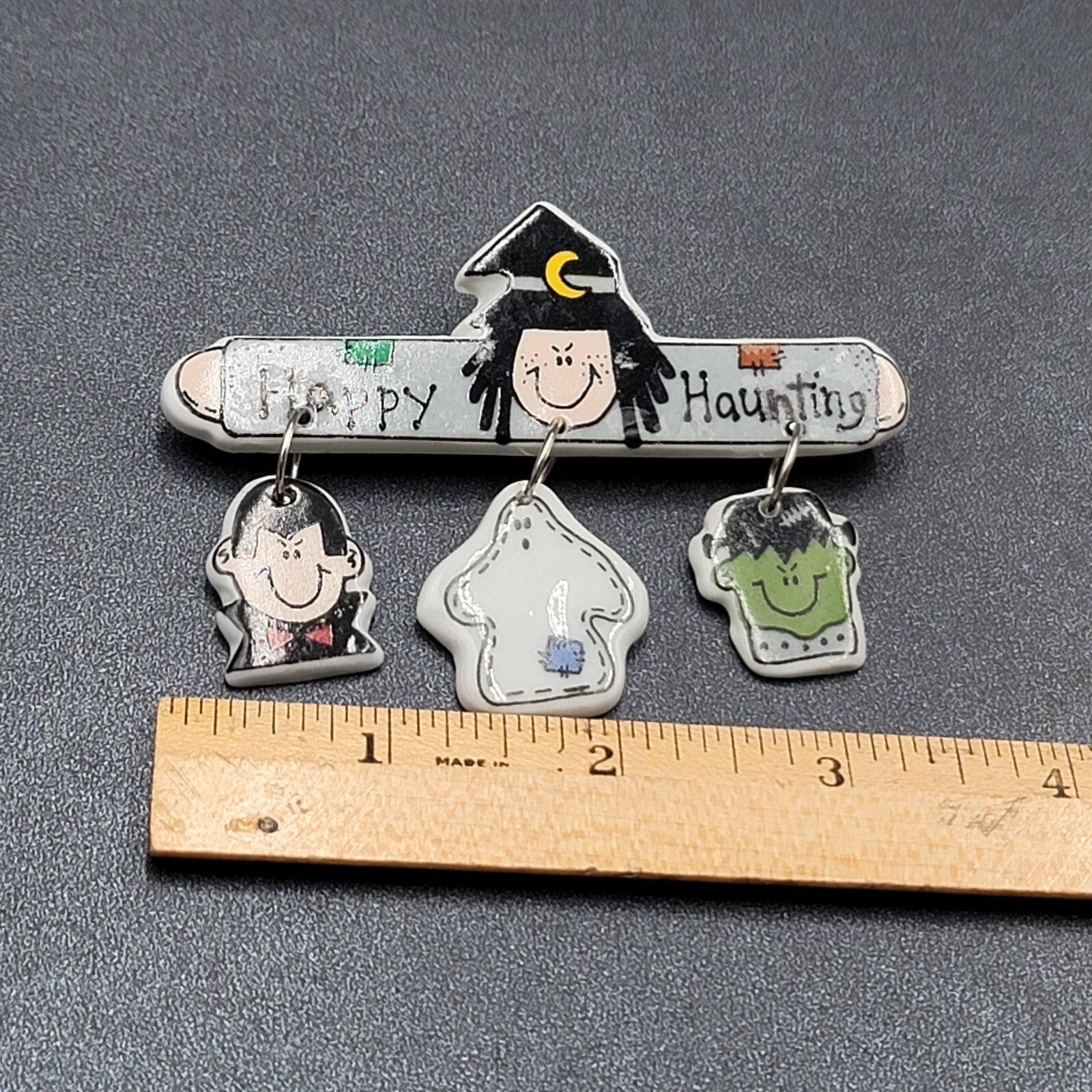 Vintage Halloween Brooch Ceramic Dangle Charms Happy Haunting 3 3/8"