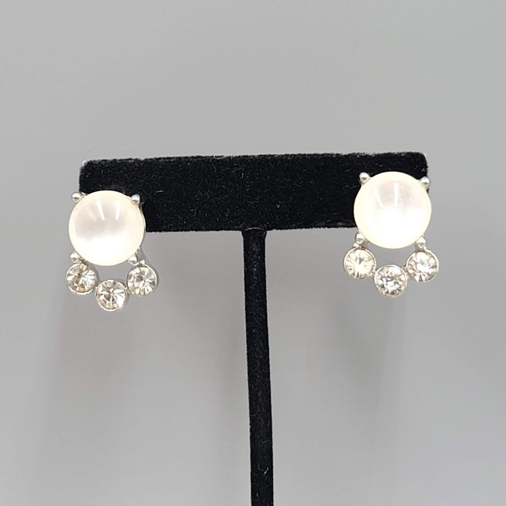 White Moonglow Rhinestone Rhinestone Pierced Earrings Silver tone Drop 3/4 in