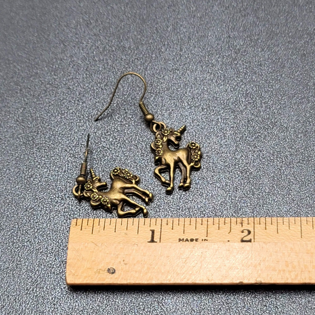 Unicorn Pierced Earrings Bronze tone Dangle 7/8" NEW