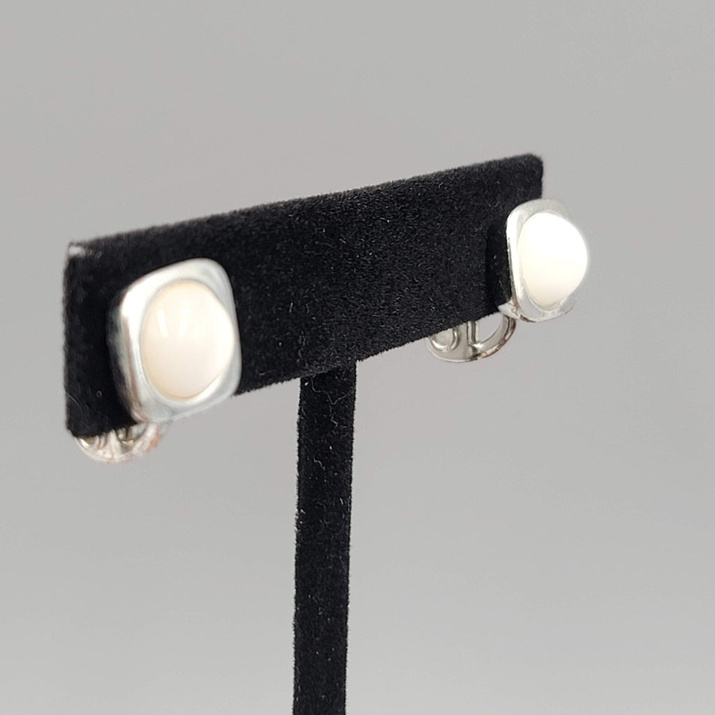 Vintage Monet Stud Clip on Earrings White Cats Eye Silver tone 3/8"