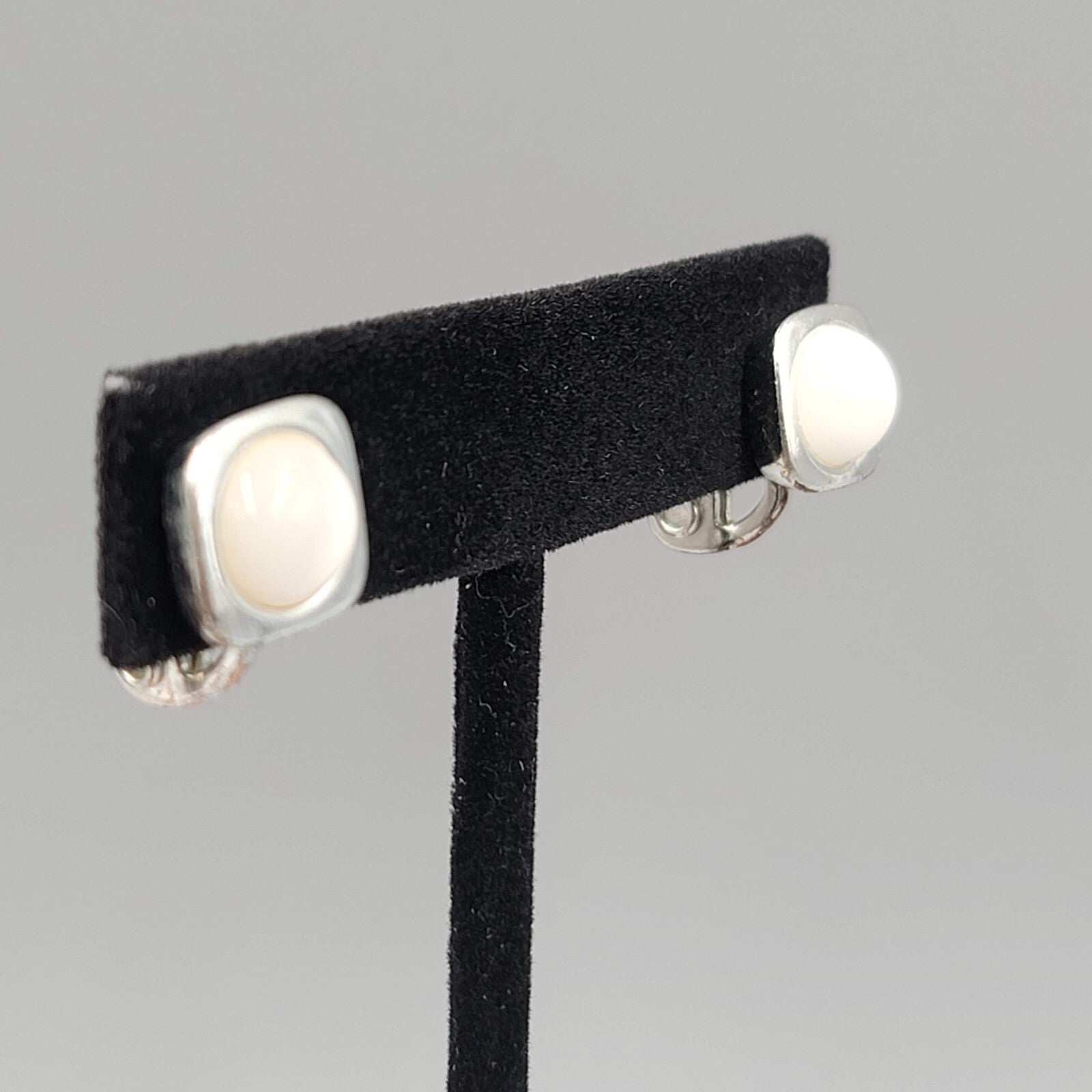 Vintage Monet Stud Clip on Earrings White Cats Eye Silver tone 3/8"