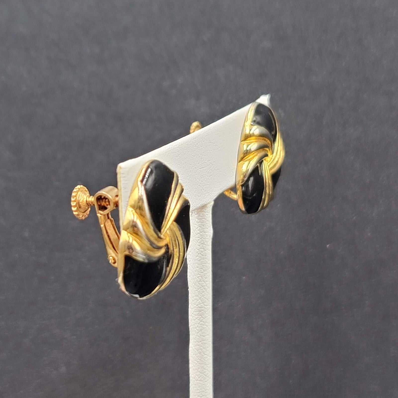 Vintage Napier Clip on Earrings Gold tone Black Enamel Screw Back 7/8"