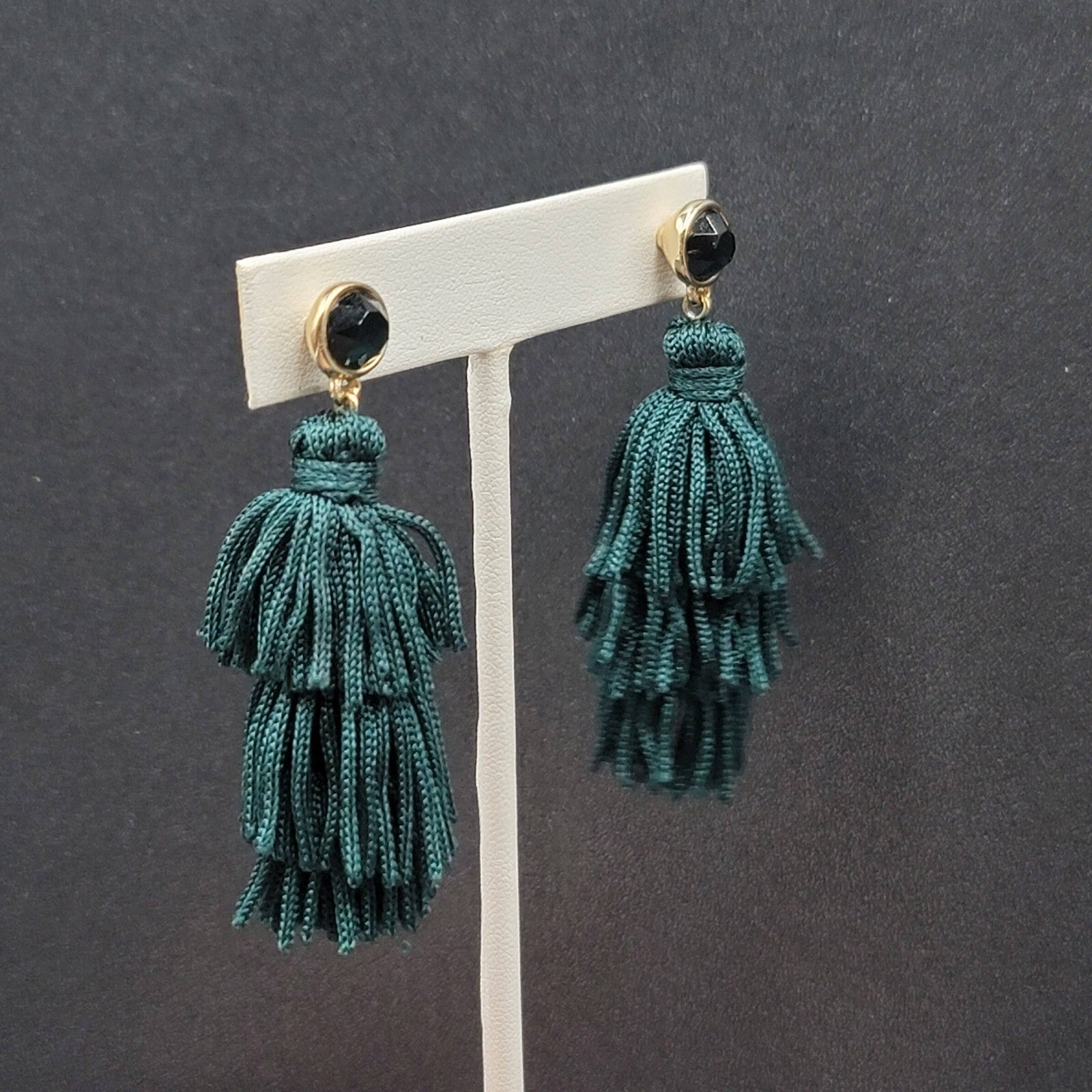 Pierced Earrings Gold tone Green Fringe Tassel Dangle 2.25"