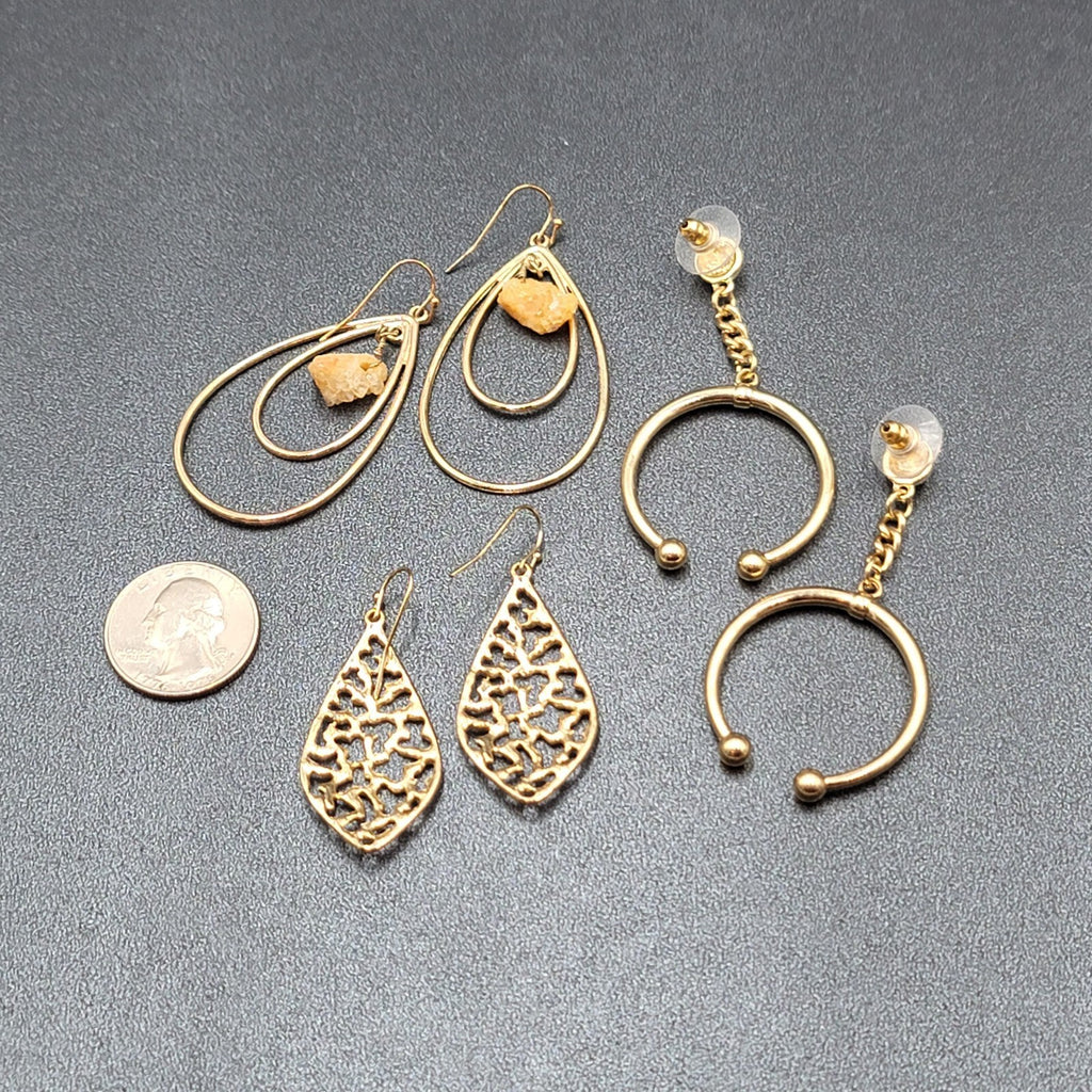 Lot of 3 Pierced Earrings Goldtone Teardrop Hoops Quartz Crystal Bead Wearable