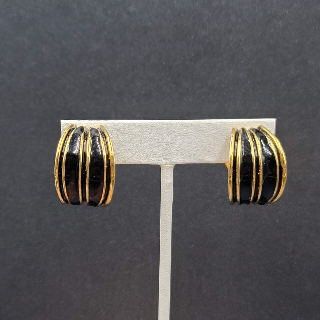 Vintage Clip on Earrings Large Gold Plated Black Enamel Drop Half Hoops 1"