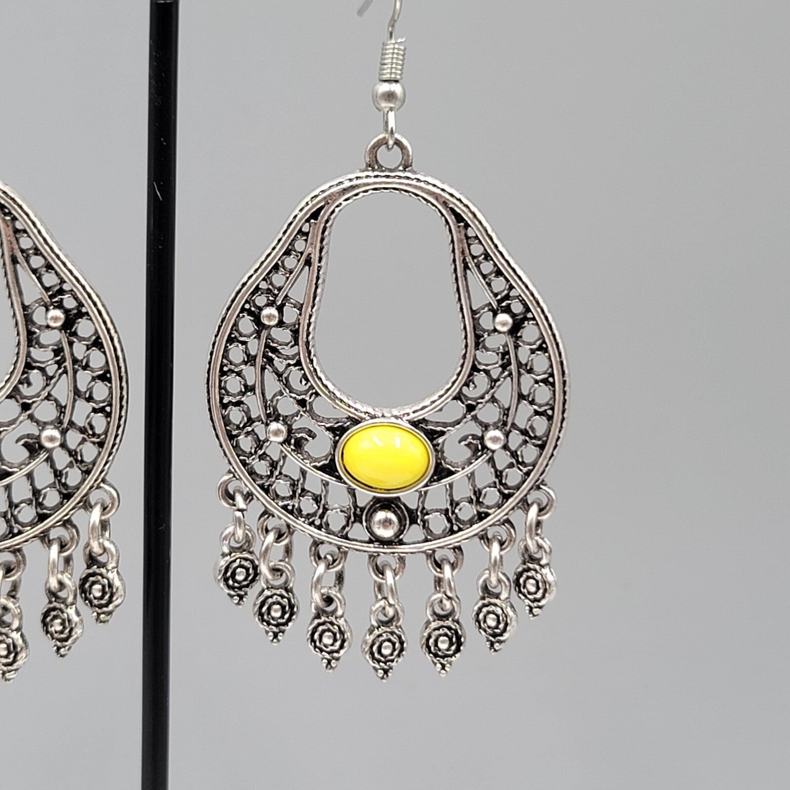 Chandelier Pierced Earrings Silver tone Yellow Accent Dangle 2"