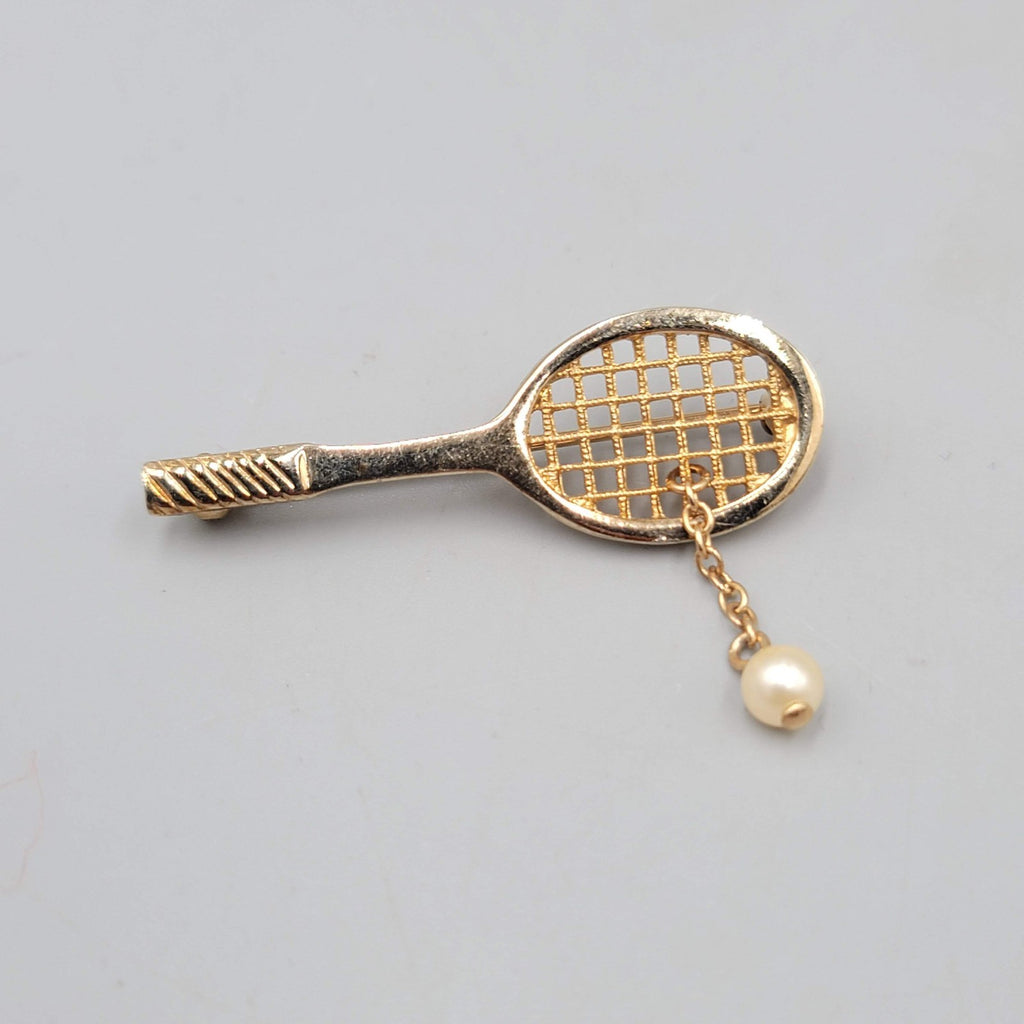 Vintage Avon Tennis Racquet Brooch Faux Pearl Dangle Gold tone 