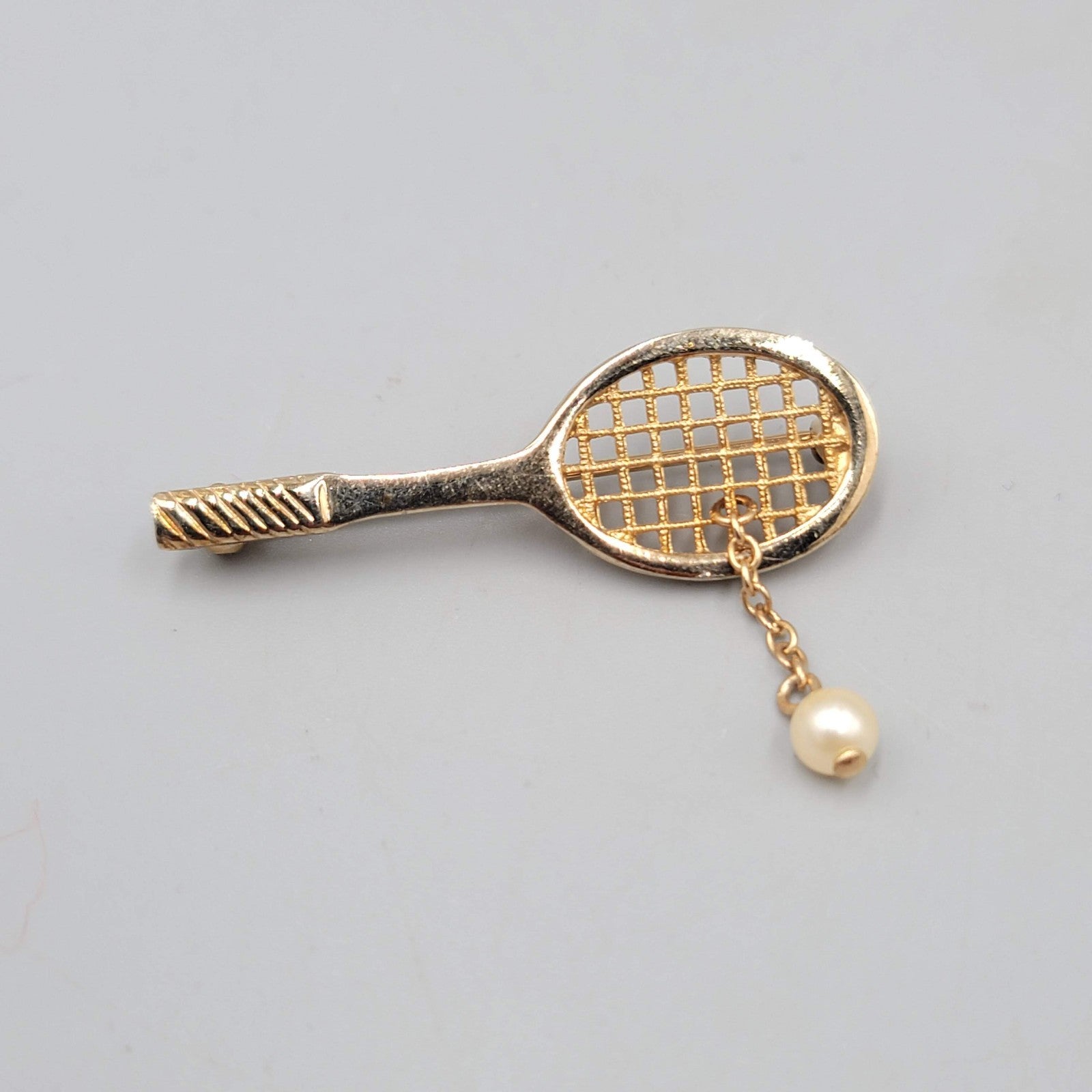 Vintage Avon Tennis Racquet Brooch Faux Pearl Dangle Gold tone 