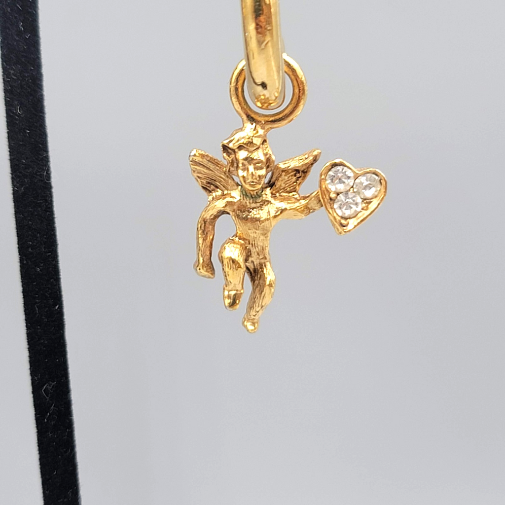 Vintage Angel Heart Hoops Pierced Earrings Gold tone Dangle Rhinestone 2"