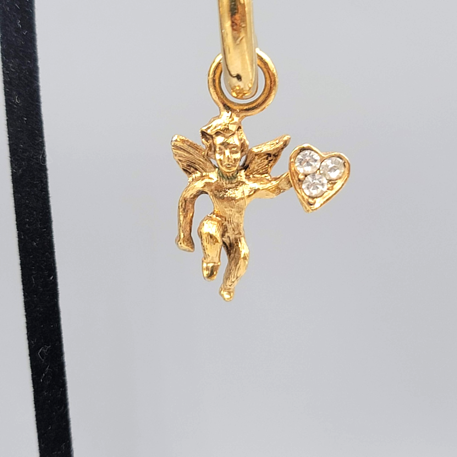 Vintage Angel Heart Hoops Pierced Earrings Gold tone Dangle Rhinestone 2"
