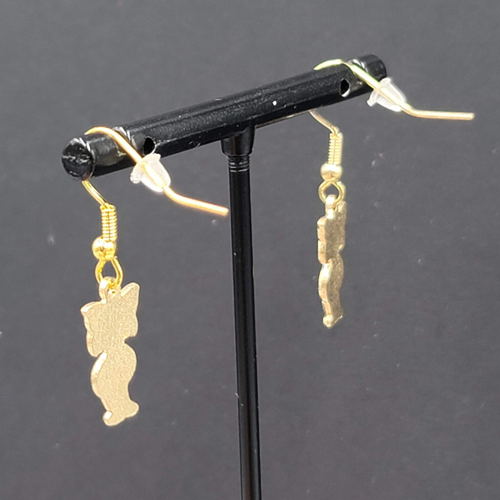 Cat Pierced Earrings Gold tone Black Enamel Dangle 3/4"