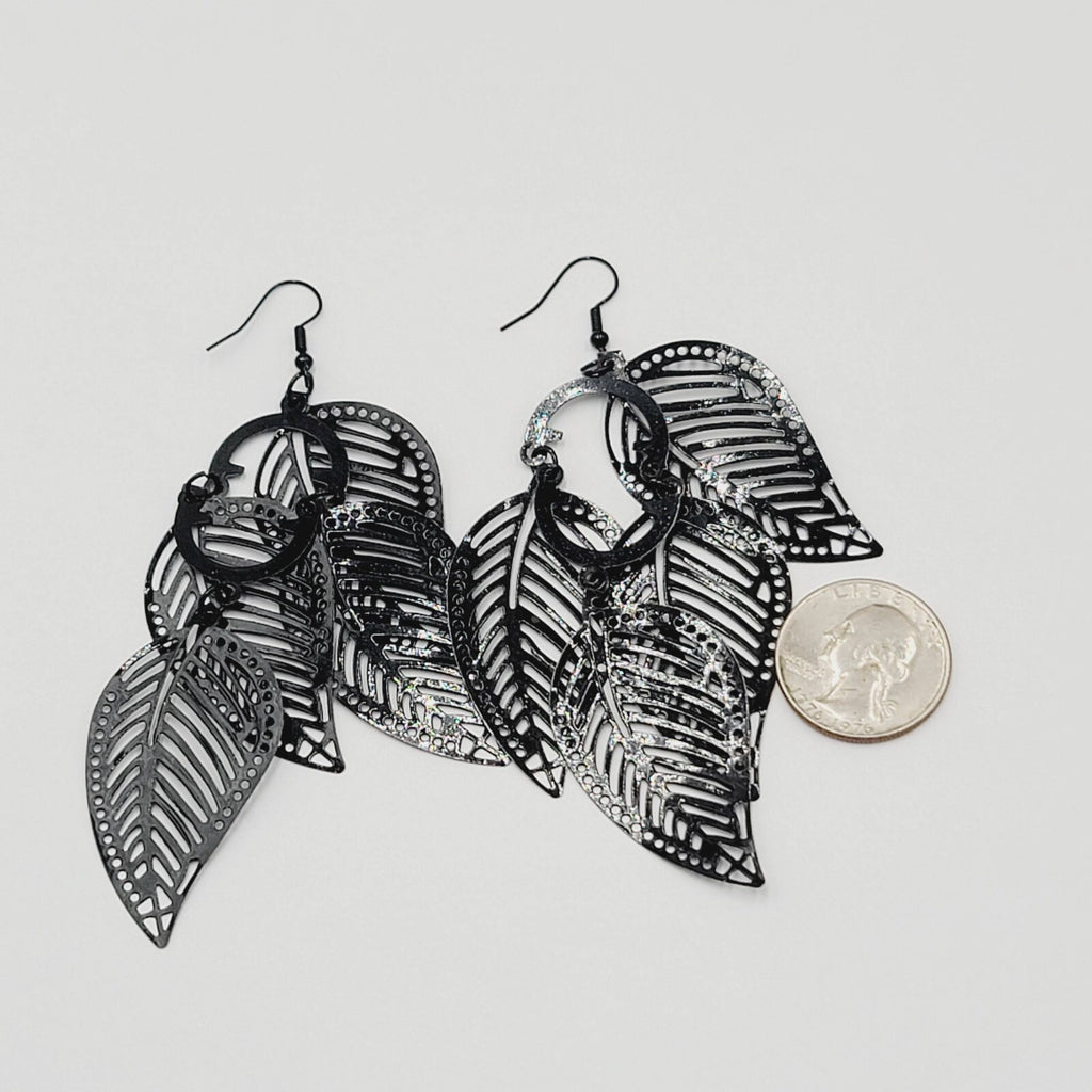 Large Statement Pierced Earrings Black Enamel Leaf Chandelier Dangle 3.5"