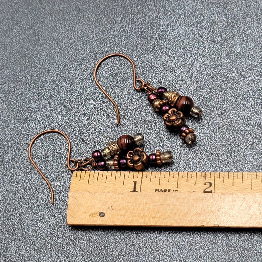 Pierced Earrings Copper tone Red Bead Dangle Flower  1.25"