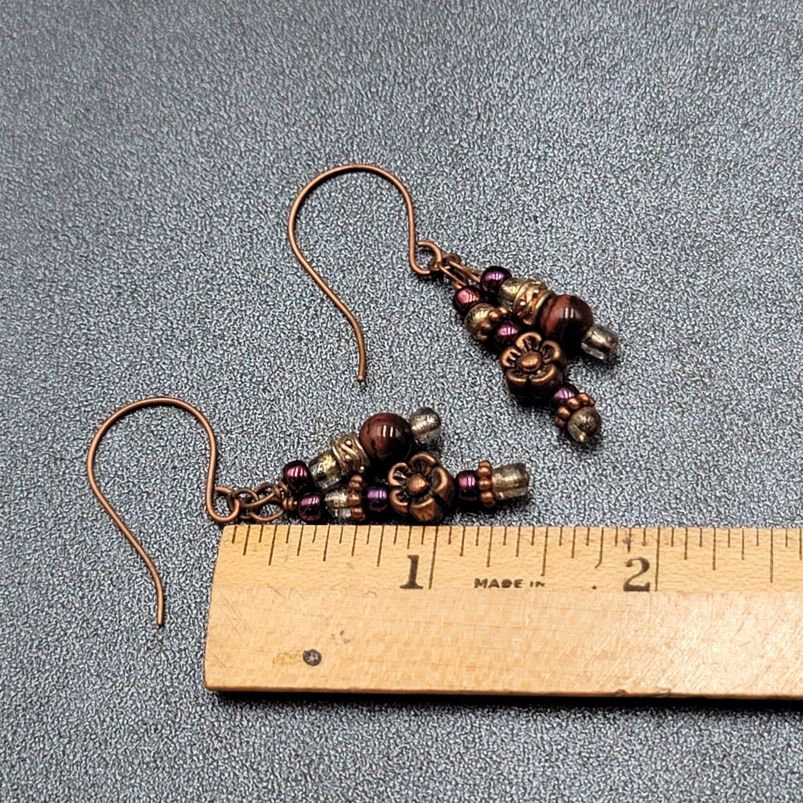 Pierced Earrings Copper tone Red Bead Dangle Flower  1.25"
