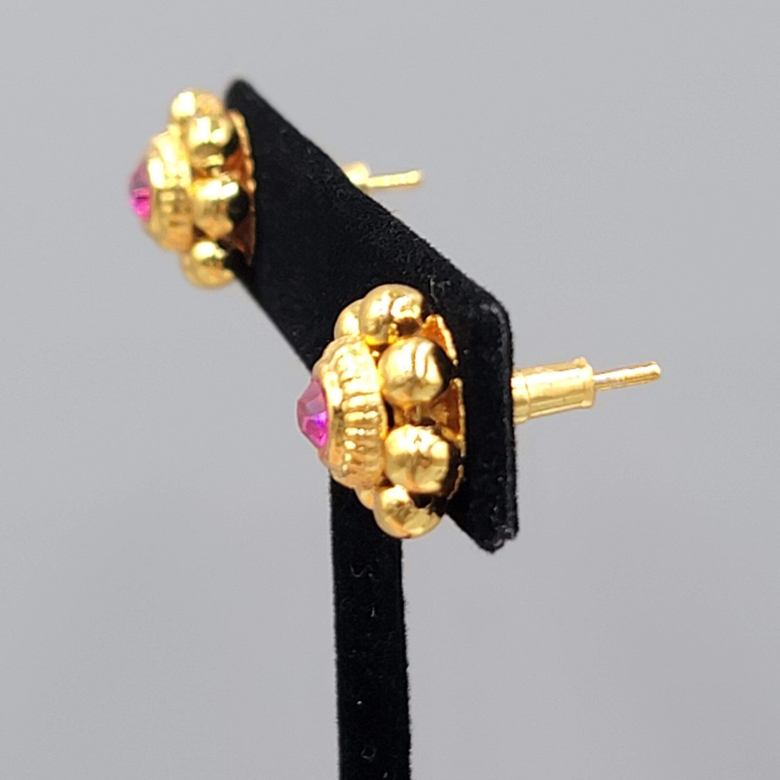 Bollywood Pierced Earrings Gold Plated Hot Pink Stone Studs 1/2"