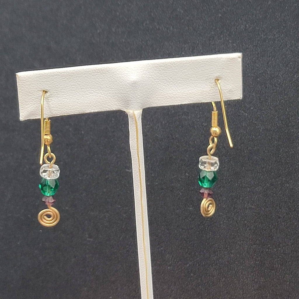 Pierced Earrings Gold tone Green Purple Clear Bead Dangle 1"