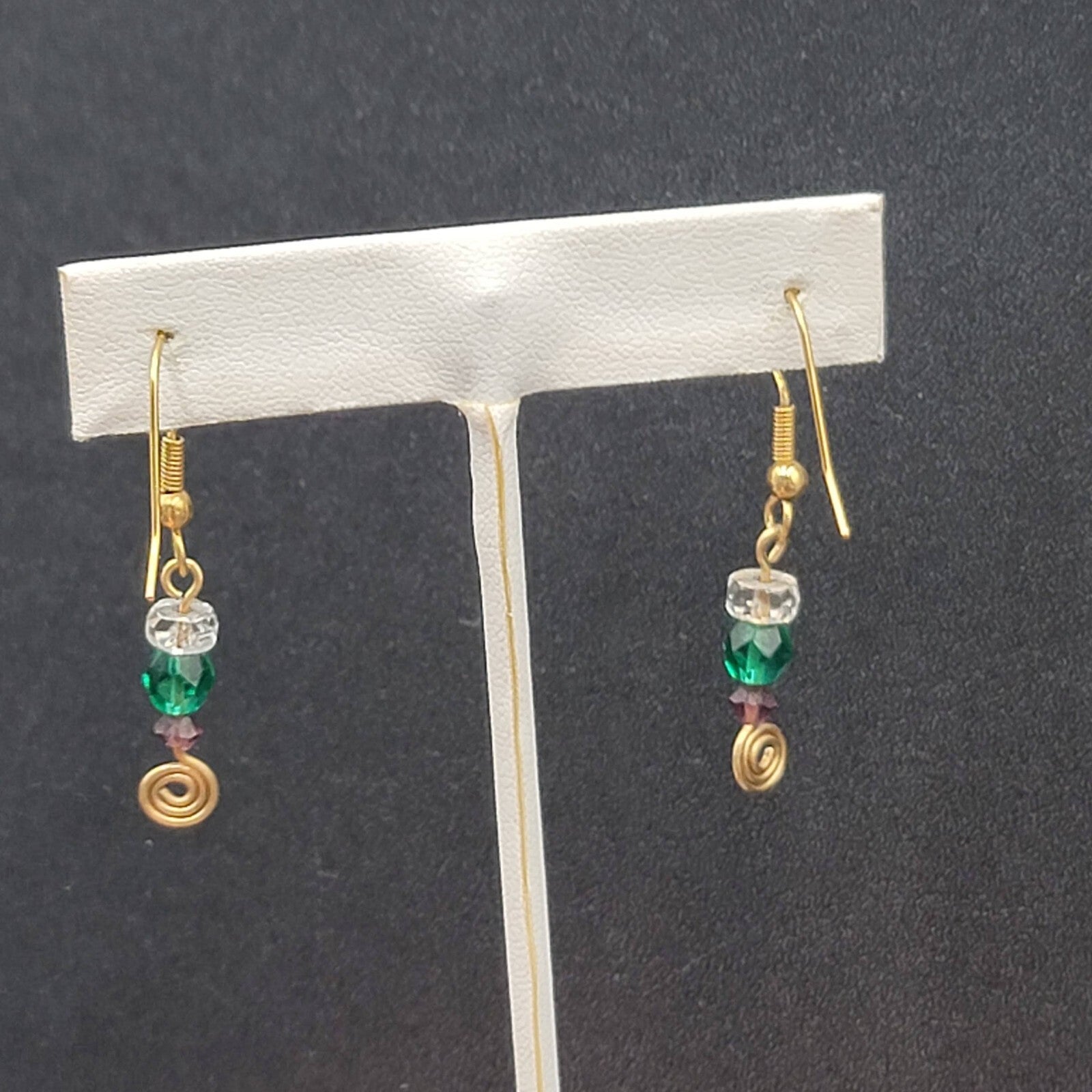 Pierced Earrings Gold tone Green Purple Clear Bead Dangle 1"