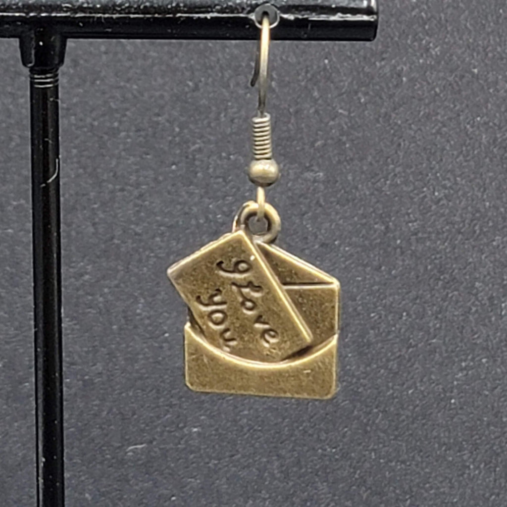 New I Love You Letter Pierced Earrings Bronze tone Dangle 3/4"