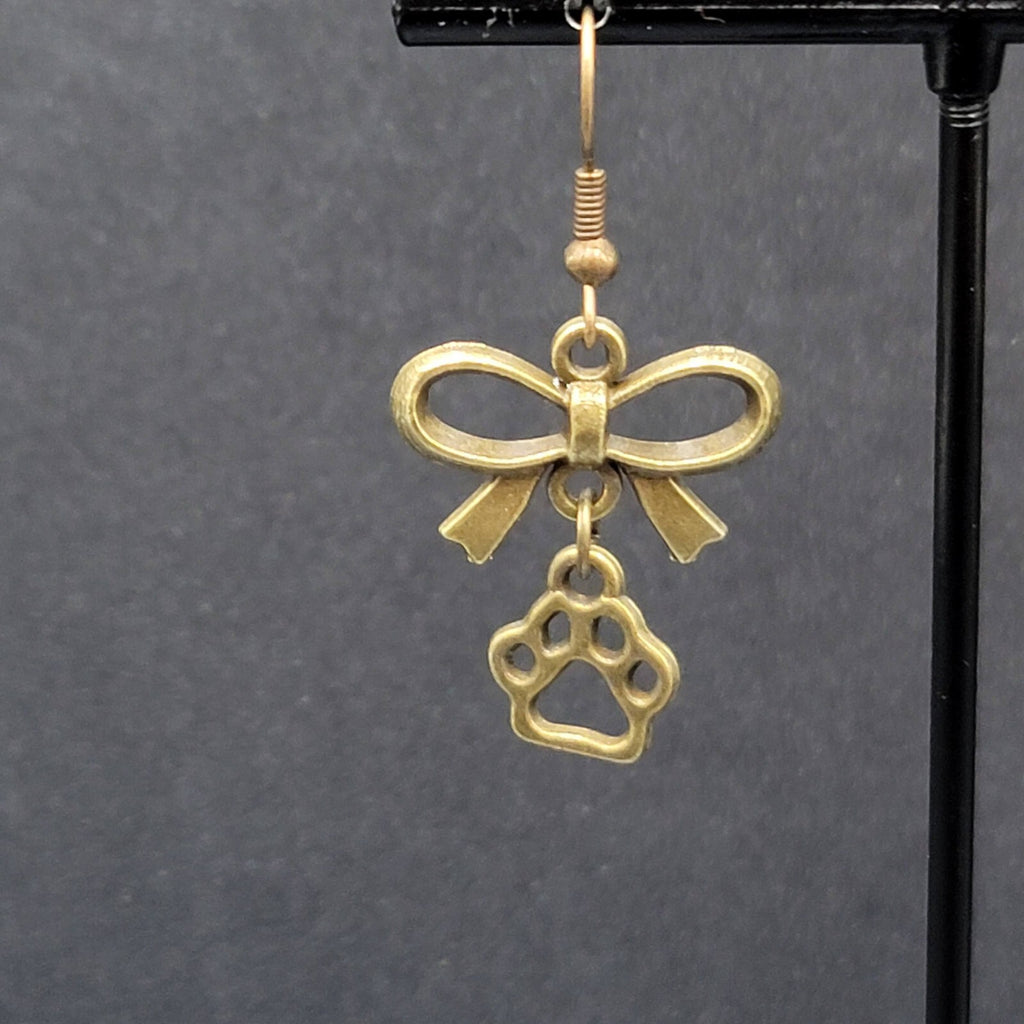 Pierced Bow Dog Paws Earrings Bronze tone Dangle 7/8"