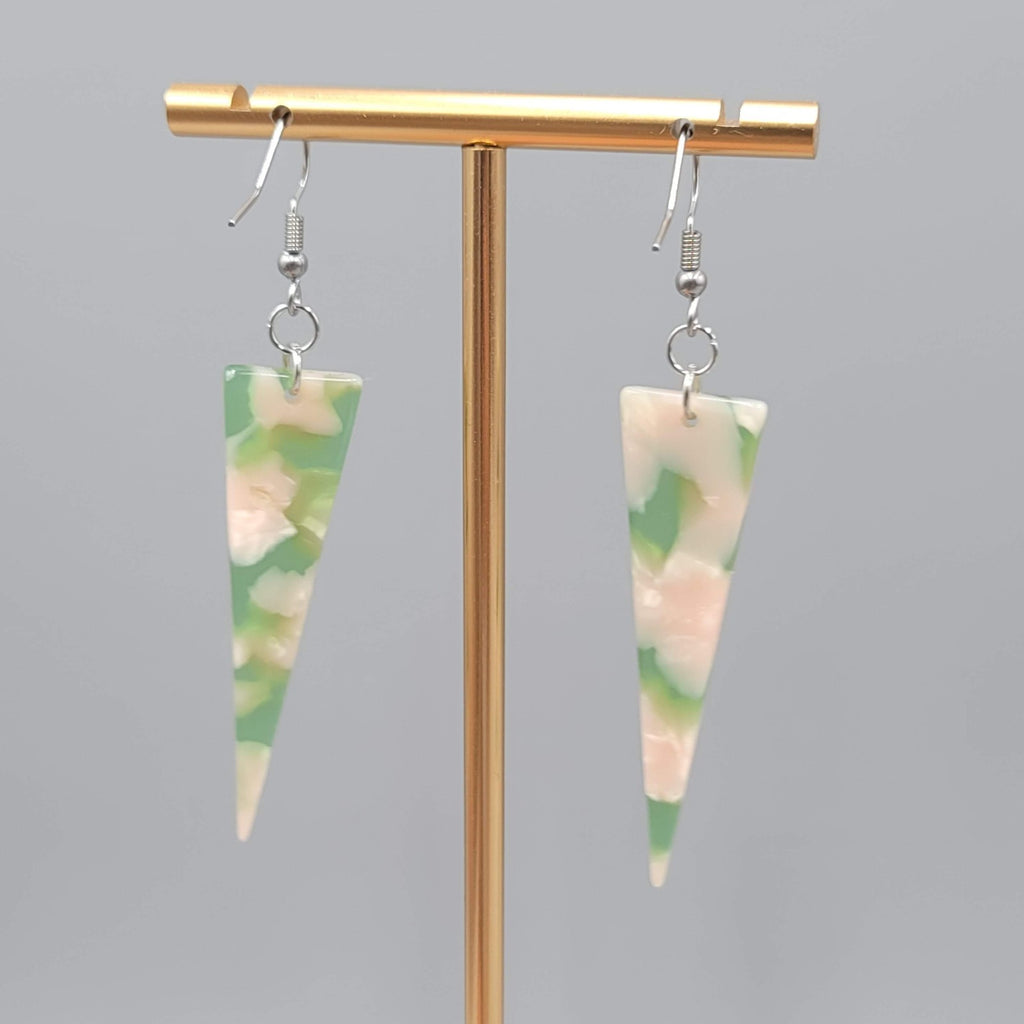 Pink Green Resin Triangle Pierced Earrings Silver tone Dangle  2 in
