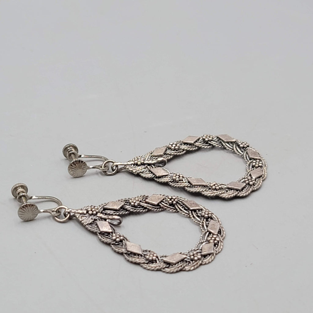 Vintage Open Teardrop Embossed Clip on Earrings Silver tone Dangle 2 in