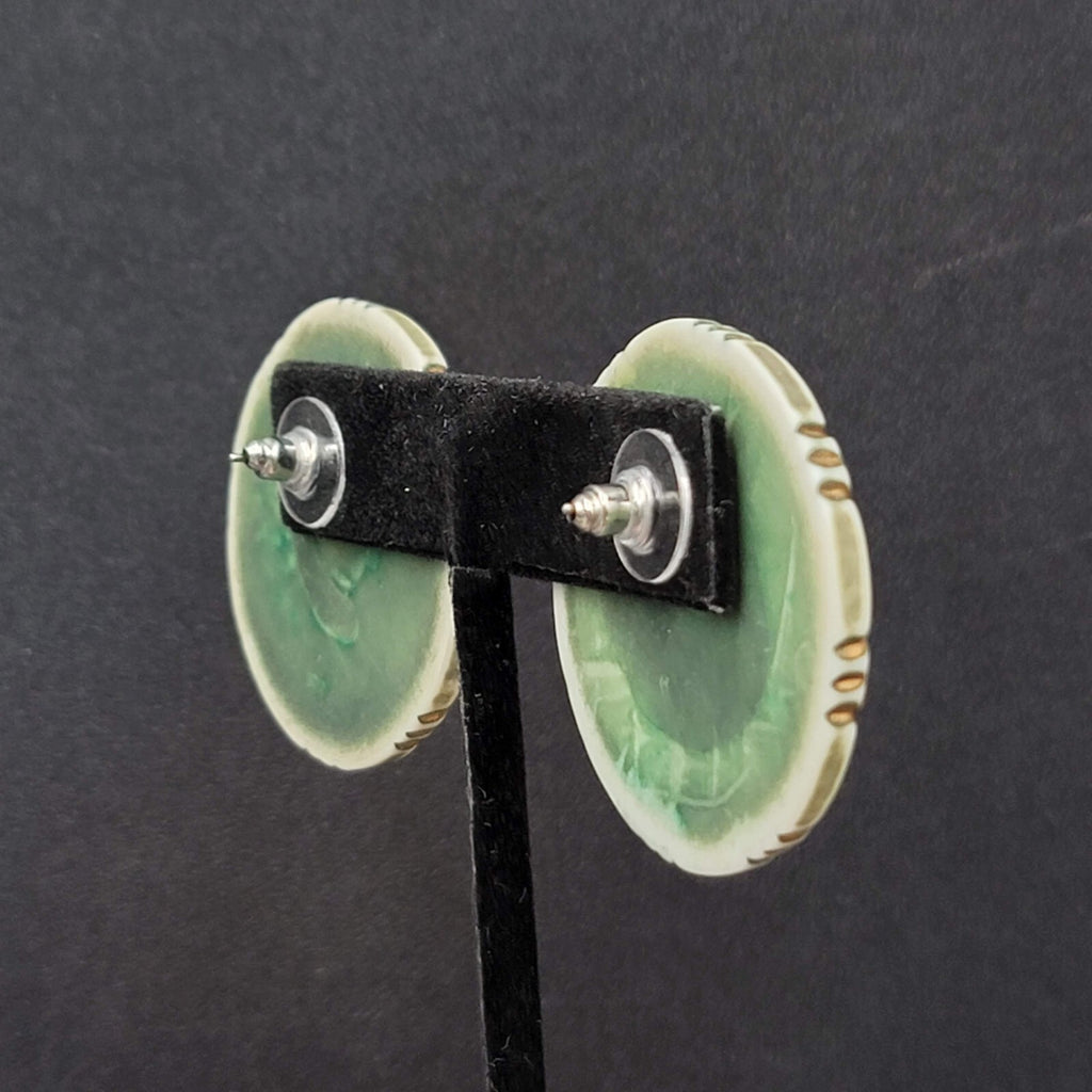 Vintage Pierced Earrings Large Statement Engraved Green Gold White Acrylic  1.5"