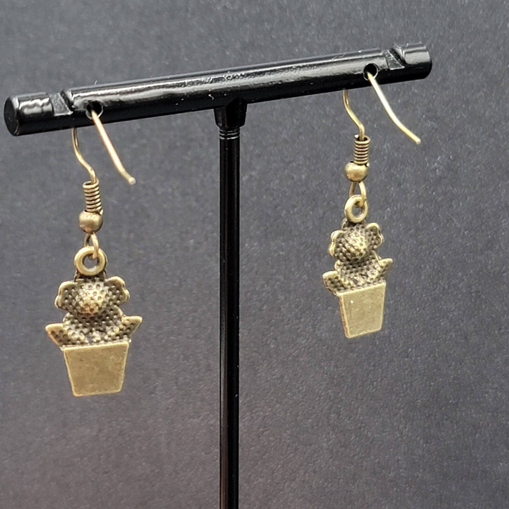 New Flower Pot Pierced Earrings Nature Bronze tone Dangle 3/4"