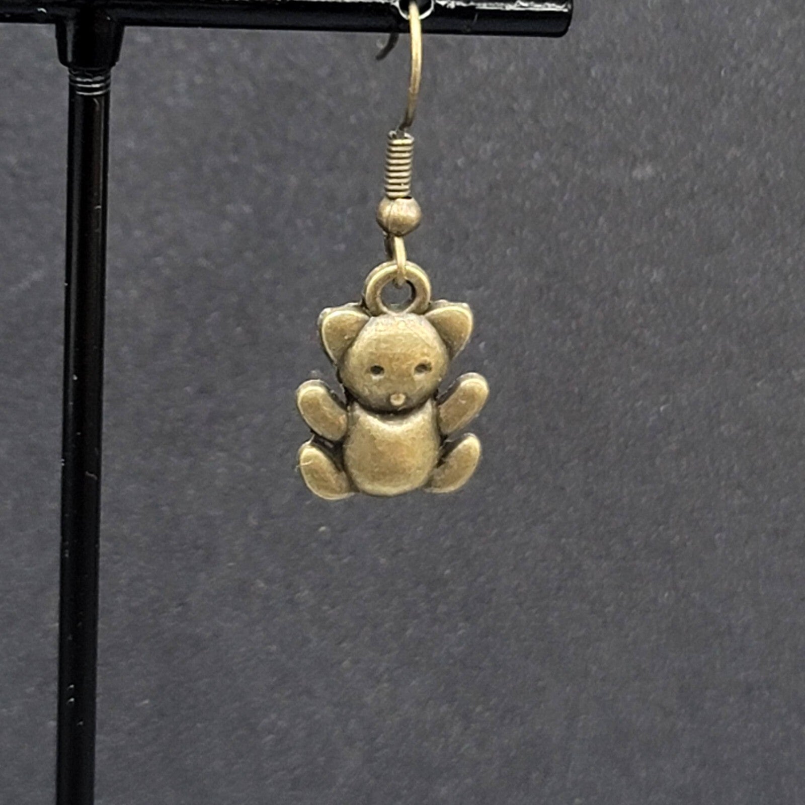 Teddy Bear Pierced Earrings Bronze tone Embossed Dangle New 3/4"