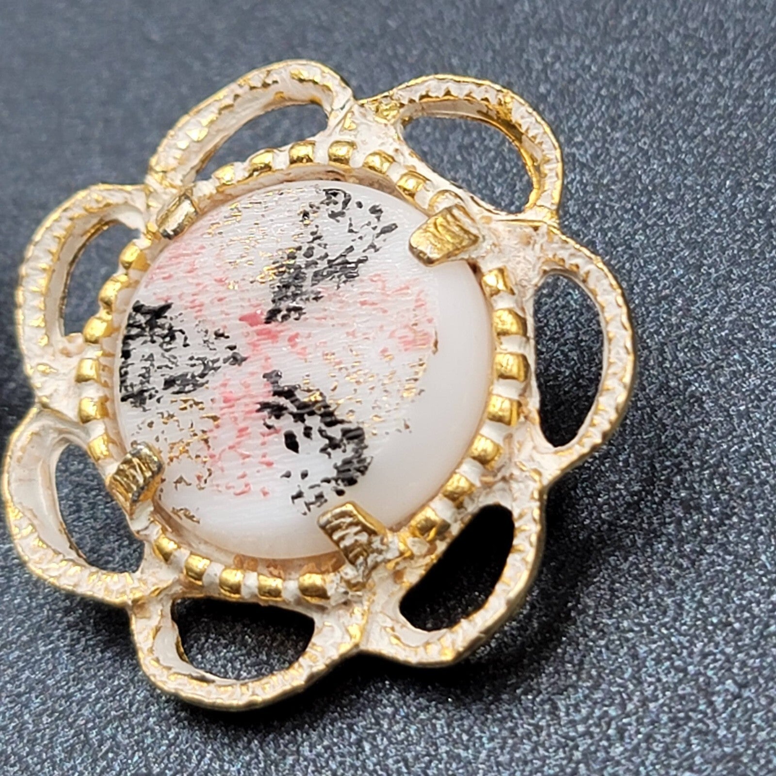 Vintage Clip on Earrings Gold tone White Pink Black Enamel Drop 1 1/8"