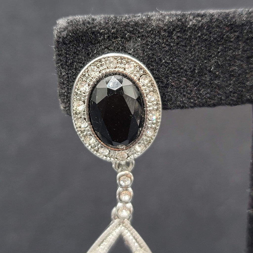 Pierced Earrings Silver tone Black Accent Crystal Rhinestones Dangle 2.5"