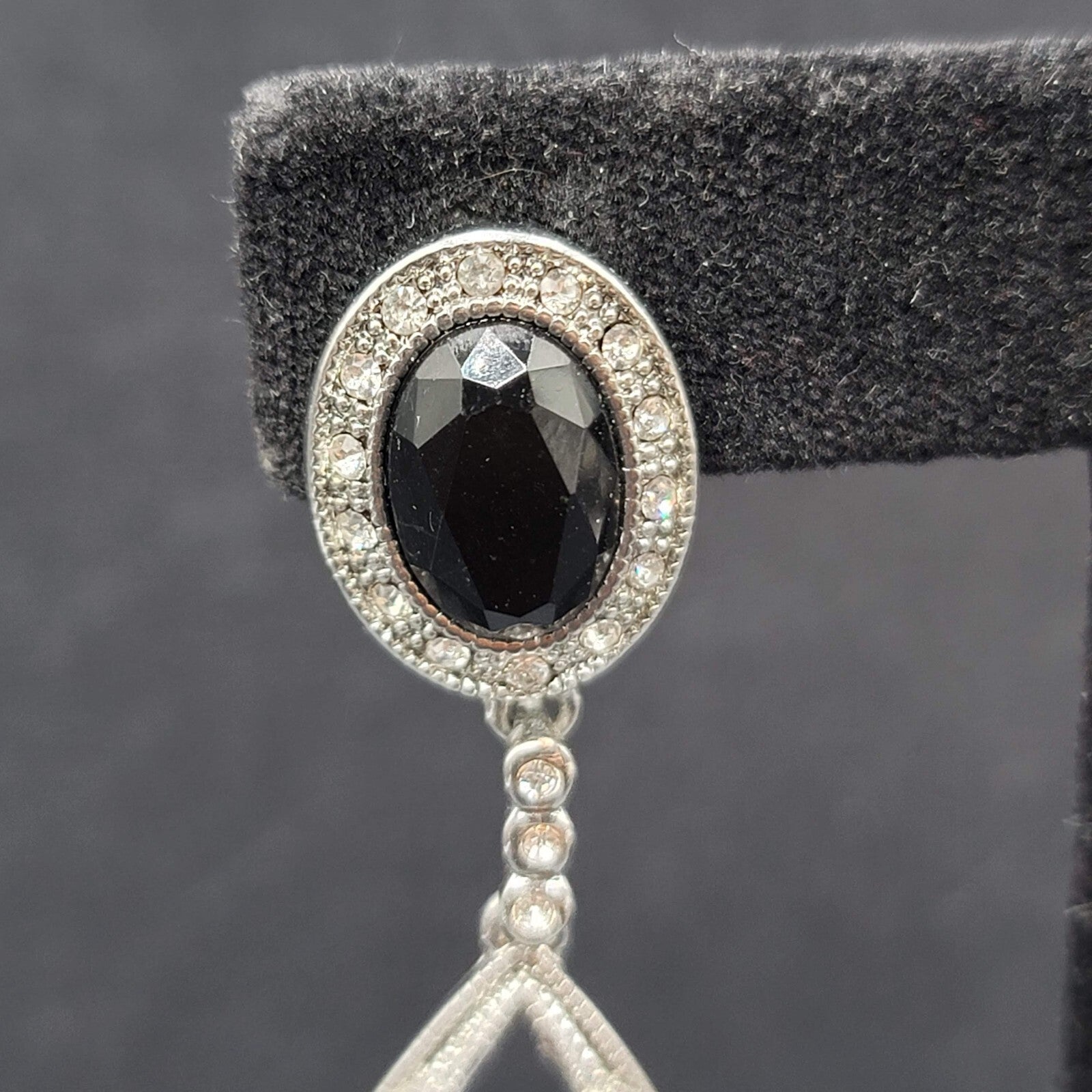 Pierced Earrings Silver tone Black Accent Crystal Rhinestones Dangle 2.5"