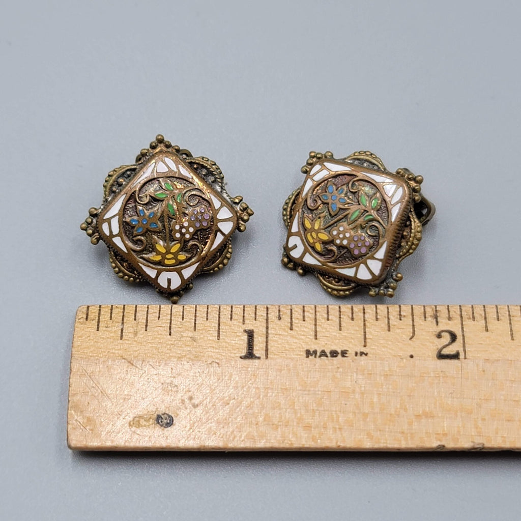 Antique Vintage Flower Enamel Clip on Earrings Brass Gold tone Square 7/8"