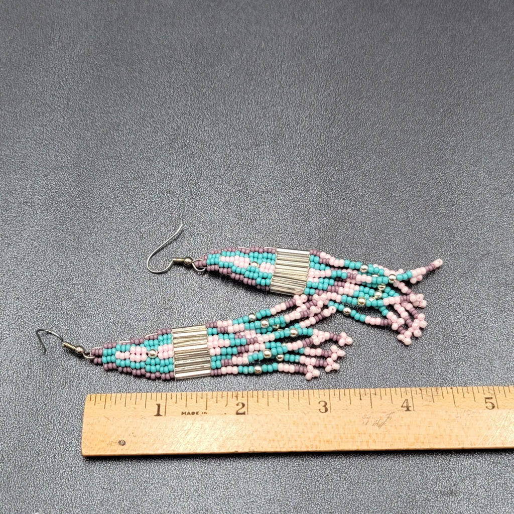 Pierced Earrings Blue Pink Purple Seed Bead Weaved 3 3/8"