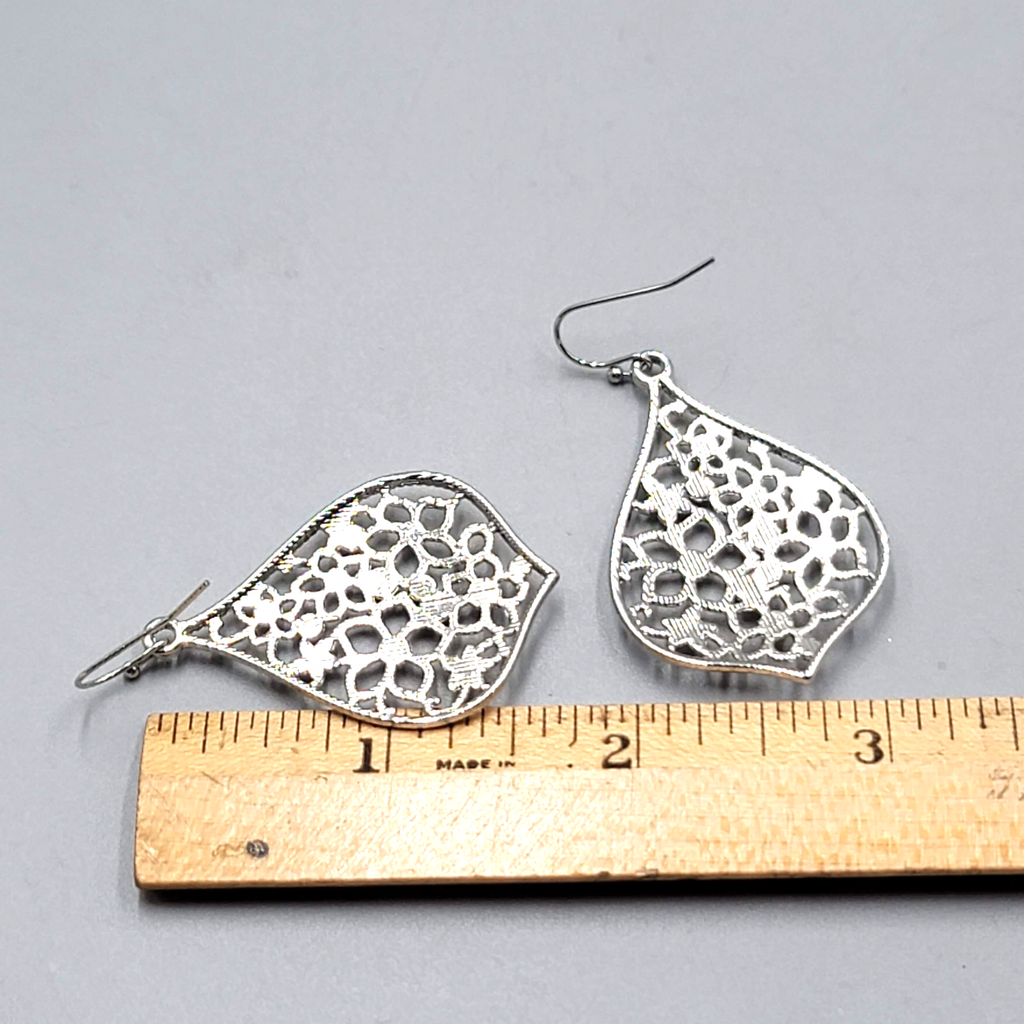 Open Work Rhinestone Pierced Earrings Silver toen Dangle 1.75"