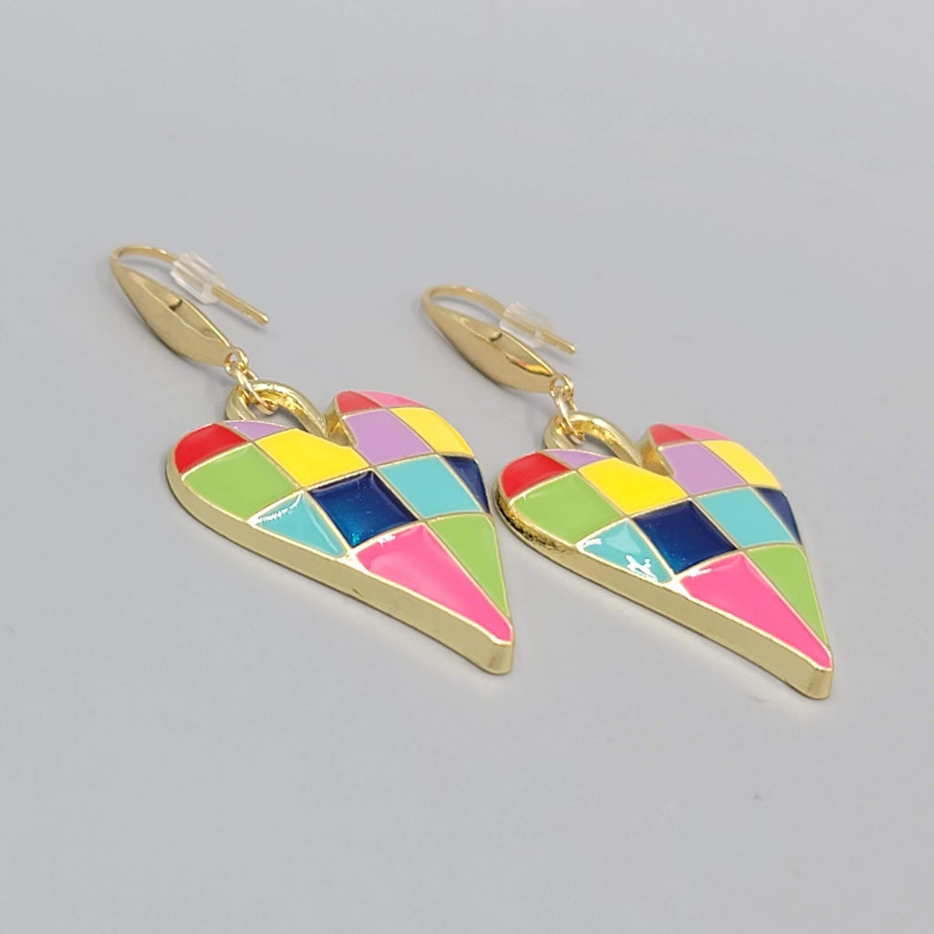 Multicolor Enamel Checkered Heart Pierced Earrings Gold tone Dangle Large 1.5"
