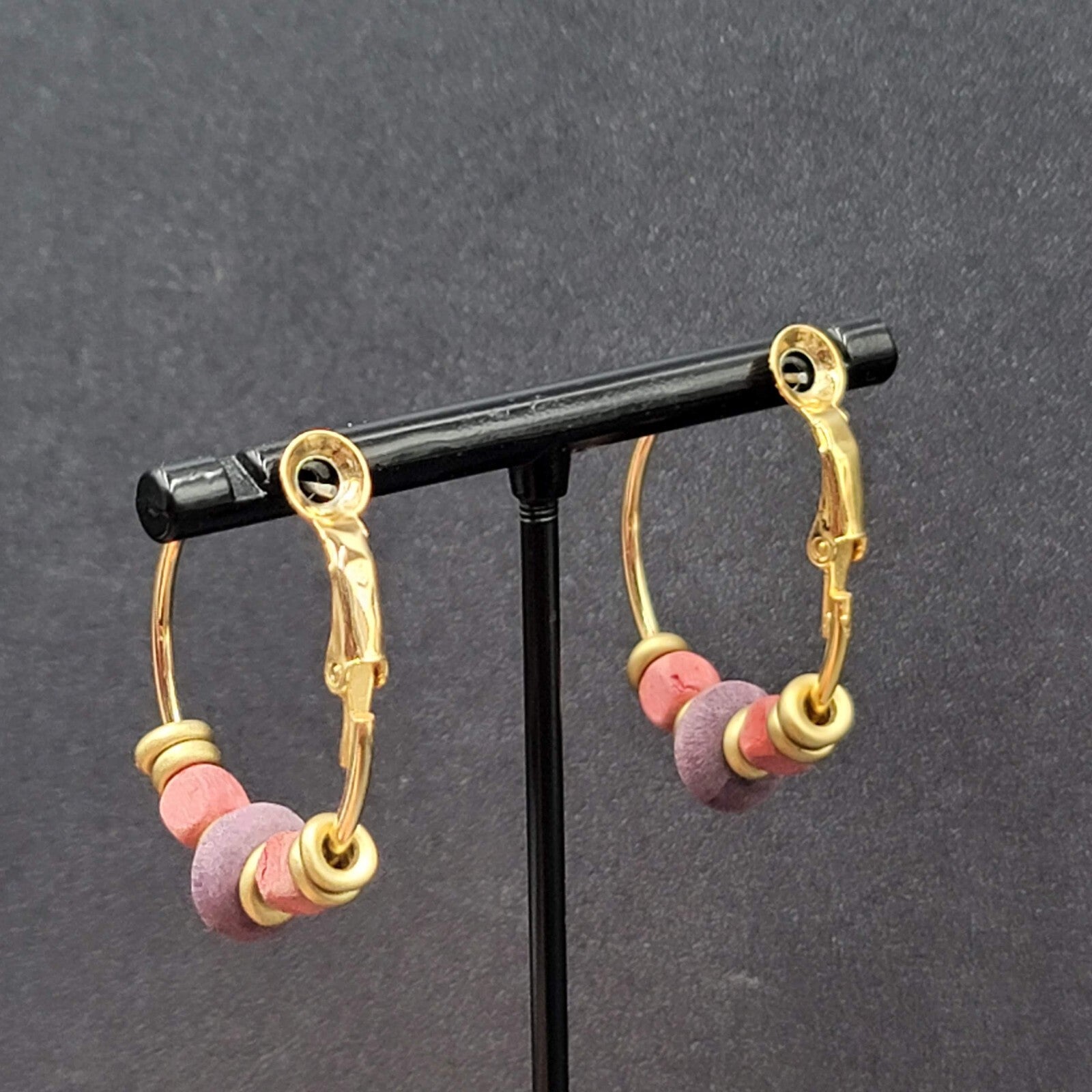 Vintage Pierced Earrings Gold tone Pink Purple Wood Beaded Hoops 1"