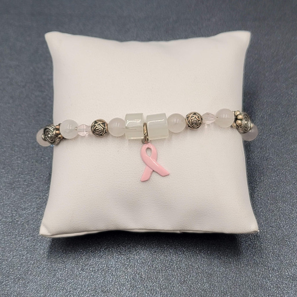 Sterling Breast Cancer Awareness Charm Bracelet Silver tone Beaded 7"