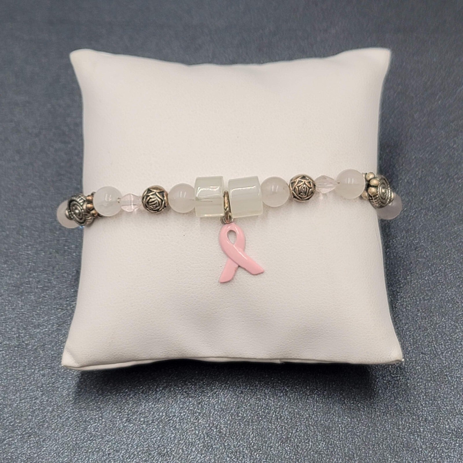 Sterling Breast Cancer Awareness Charm Bracelet Silver tone Beaded 7"