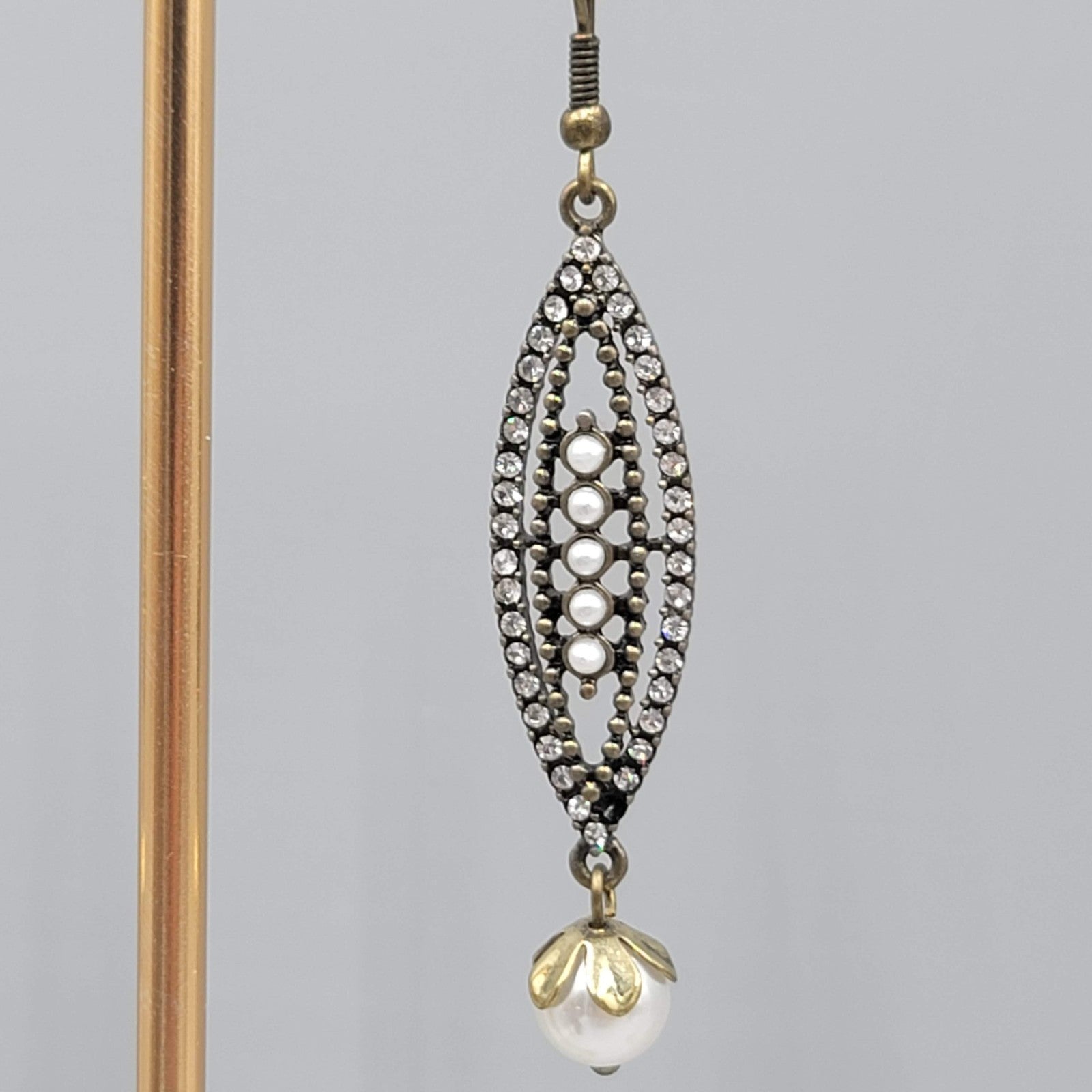 Faux Pearl Rhinestone Long Pierced Earrings Bronze tone Dangle 2 in